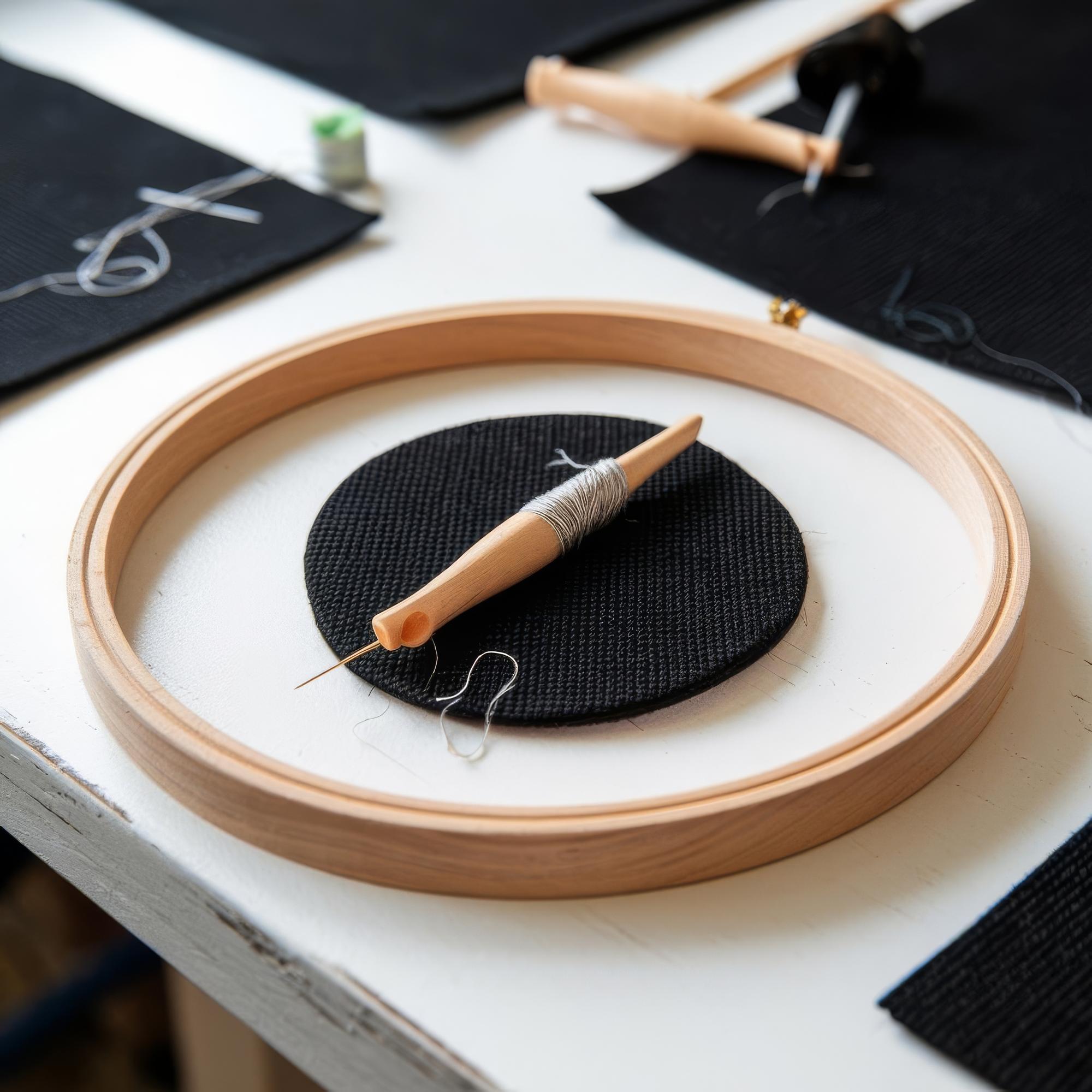 Studio table with threads and hoops